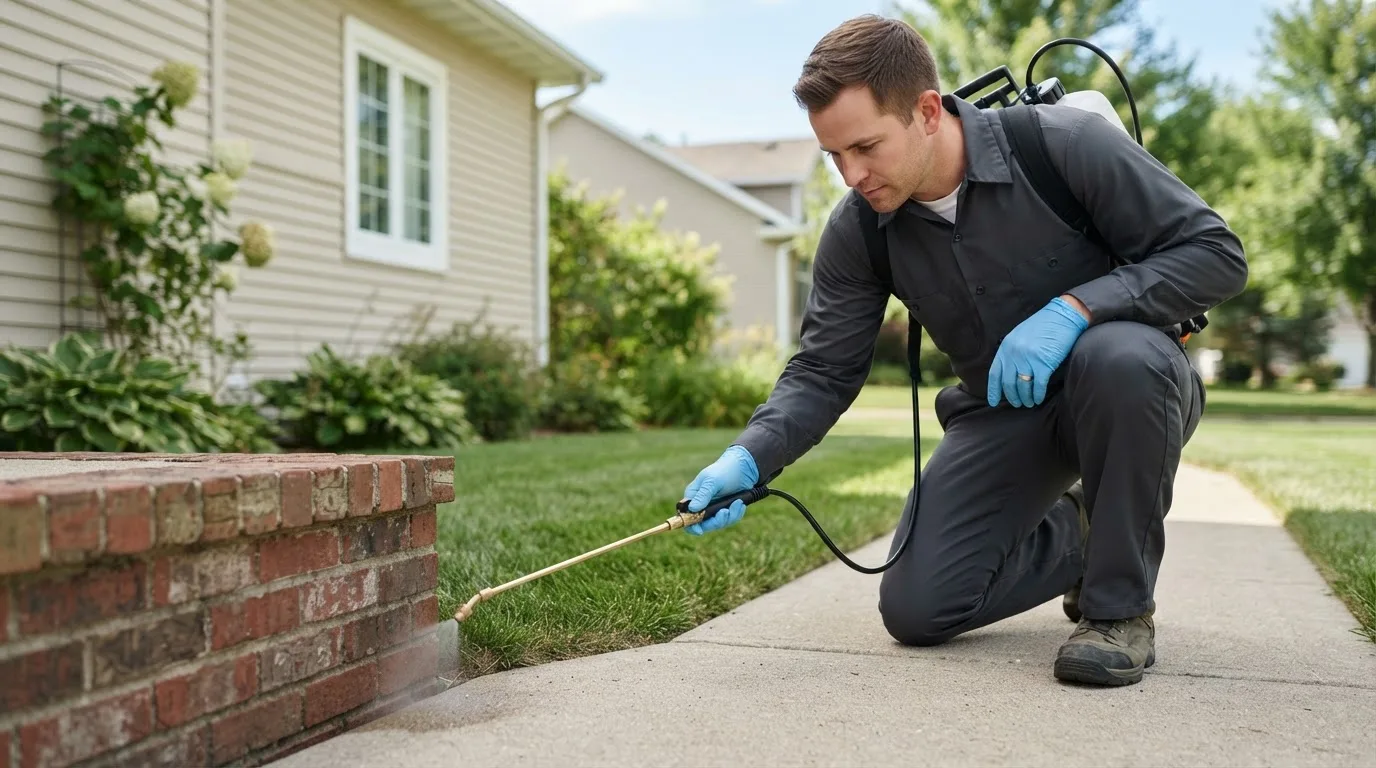 Pest control technician treating a home near East Baldwin, ME