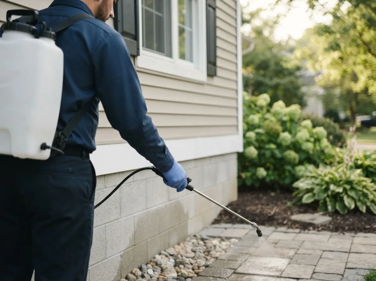 Pest control technician inspecting a home in East Baldwin, ME